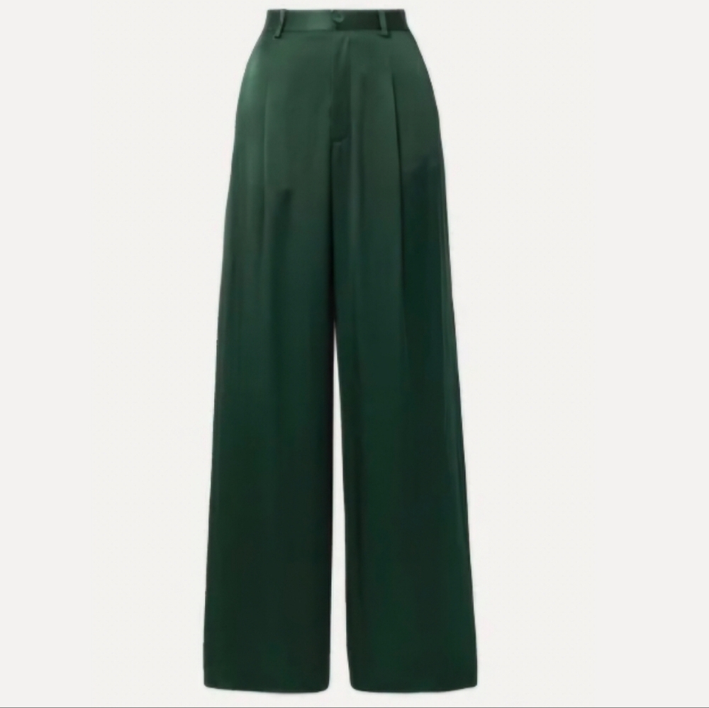 Emerald Green Satin High Rise Wide Leg Pleated Pants